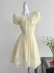 Cyflymder  Sweet Slim Yellow Dress Women Elegant Vintage Square Collar Mini Dress French Retro Puffy Sleeve Lace Patchwork Vestidos