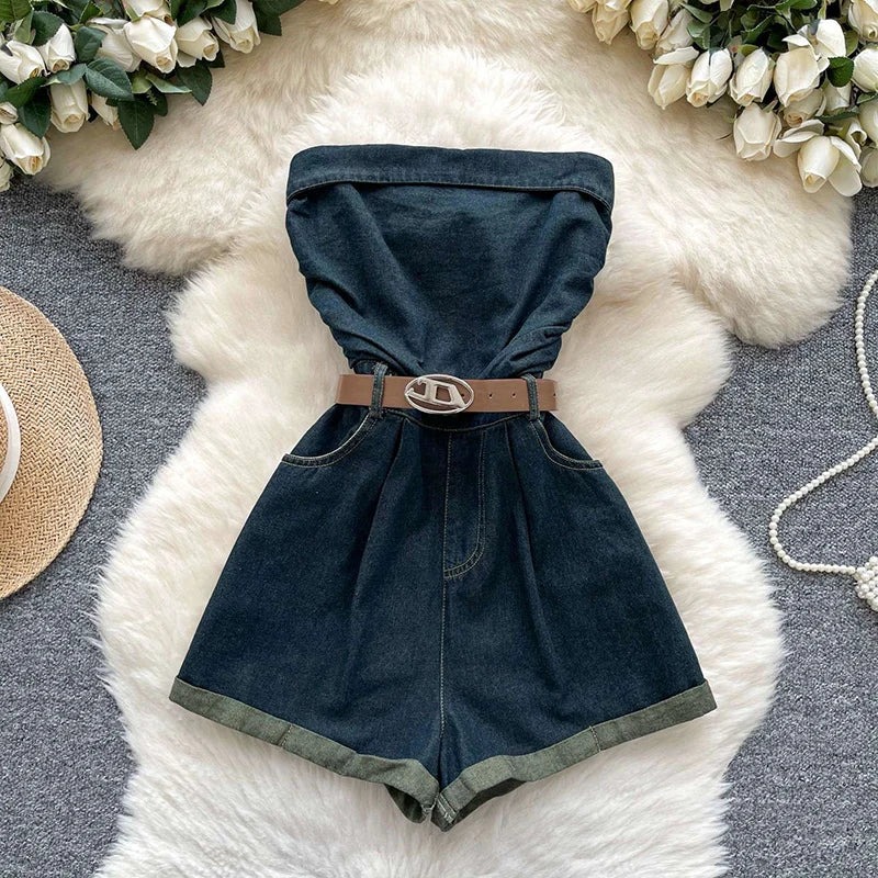 Cyflymder  Summer sleeveless strapless jumpsuit women solid color street trendy paired with waistband cinched waist casual denim shorts
