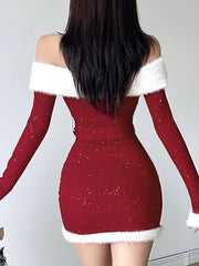 Cyflymder Christmas Party Dress Slim Patchwork Fur Trim Bodycon Dress With Belt Casual Slash Neck Long Sleeve Mini Dresses Women