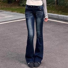 Cyflymder  Women Vintage Deep Blue Jeans Sexy Low Rise Slightly Bell-Bottom Trousers 2025 New Spring Summer Skinny Slimming All-Match Jeans
