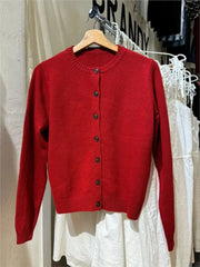Cyflymder  Christmas Red Knitted Sweater Cardigan Autumn Round Neck Single Breasted Cotton Knitwear Casual Vintage Chic Y2K Sweaters Coat