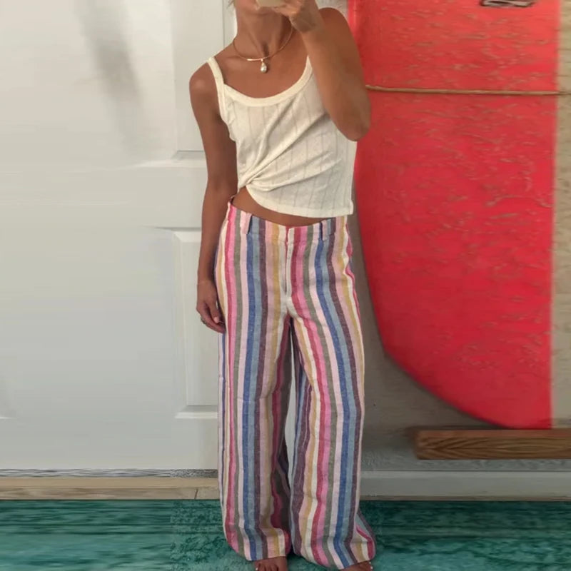 Cyflymder  Multicolor Striped High Waisted Pants Wide Leg Full Length Retro Resort Trousers Summer Casual Fashion Beach Daily Wear