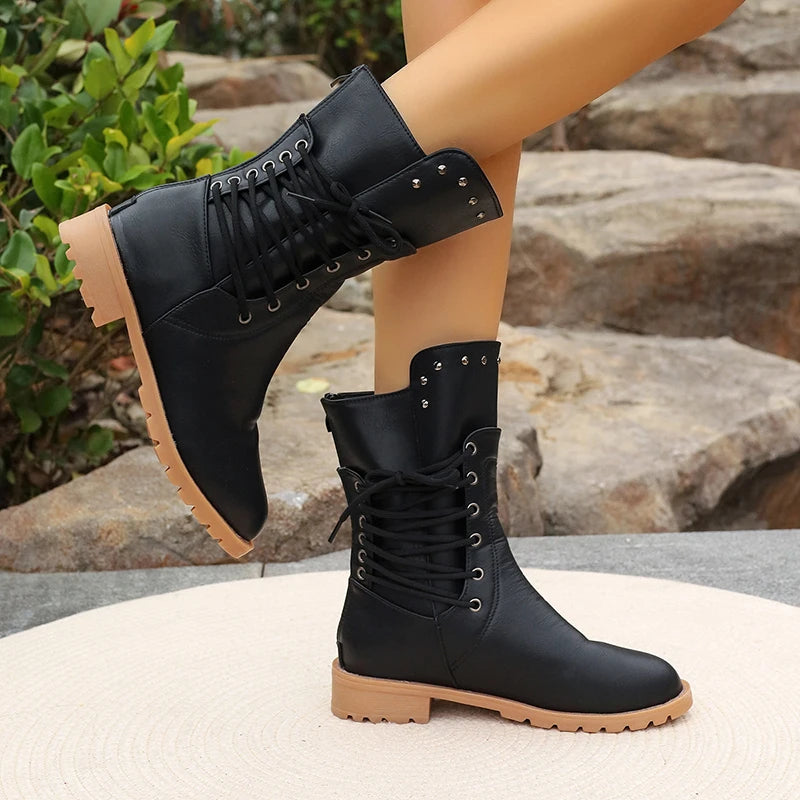 Cyflymder Autumn Winter Lace Up Mid Length Boots Women Retro Rivet Large Size Pu Leather Boots Fashion Solid Thick Heel Ladies Boots