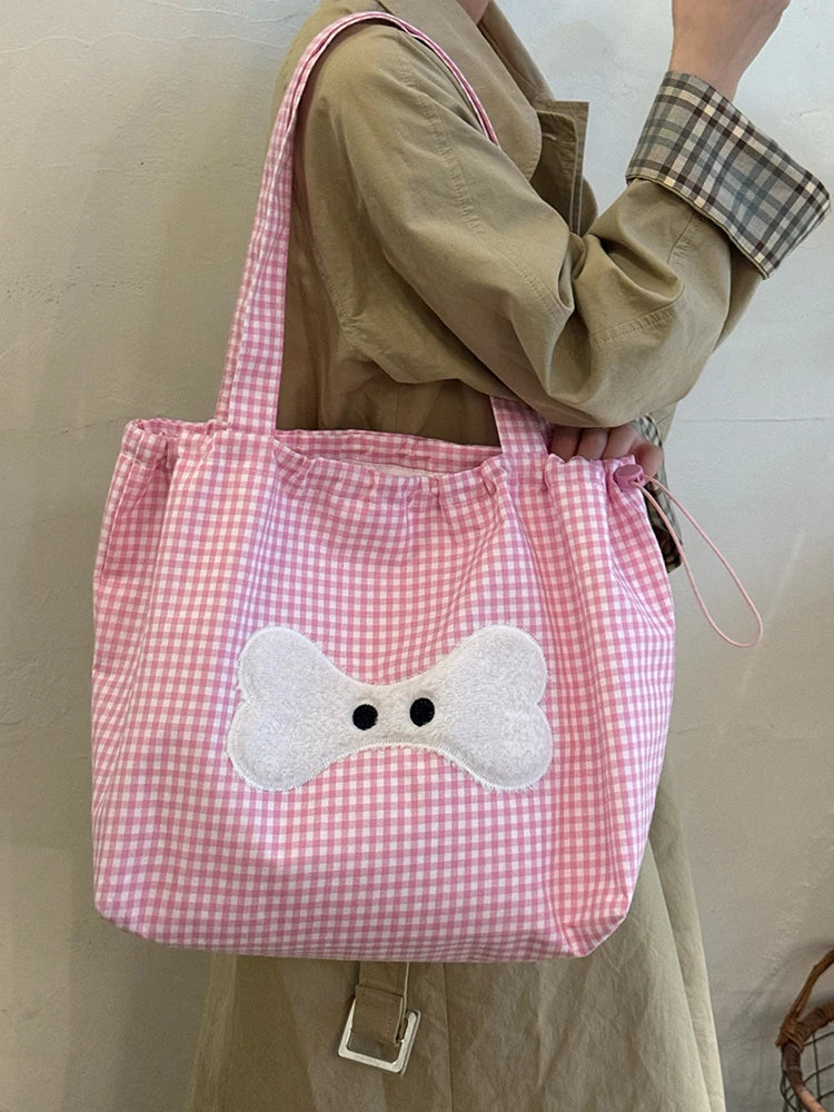 Cyflymder  Sweet Y2k Aesthetic Kawaii Plaid Shoulder Bags All Match Women Drawstring Casual Handbags New Fashion Grunge Canvas Underarm Bag