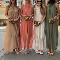 Cyflymder  Elegant Draped Lace-Up Maxi Dress Fashion Half High Collar Simple Long Dress Summer Women's Casual Sleeveless Loose Party Dress