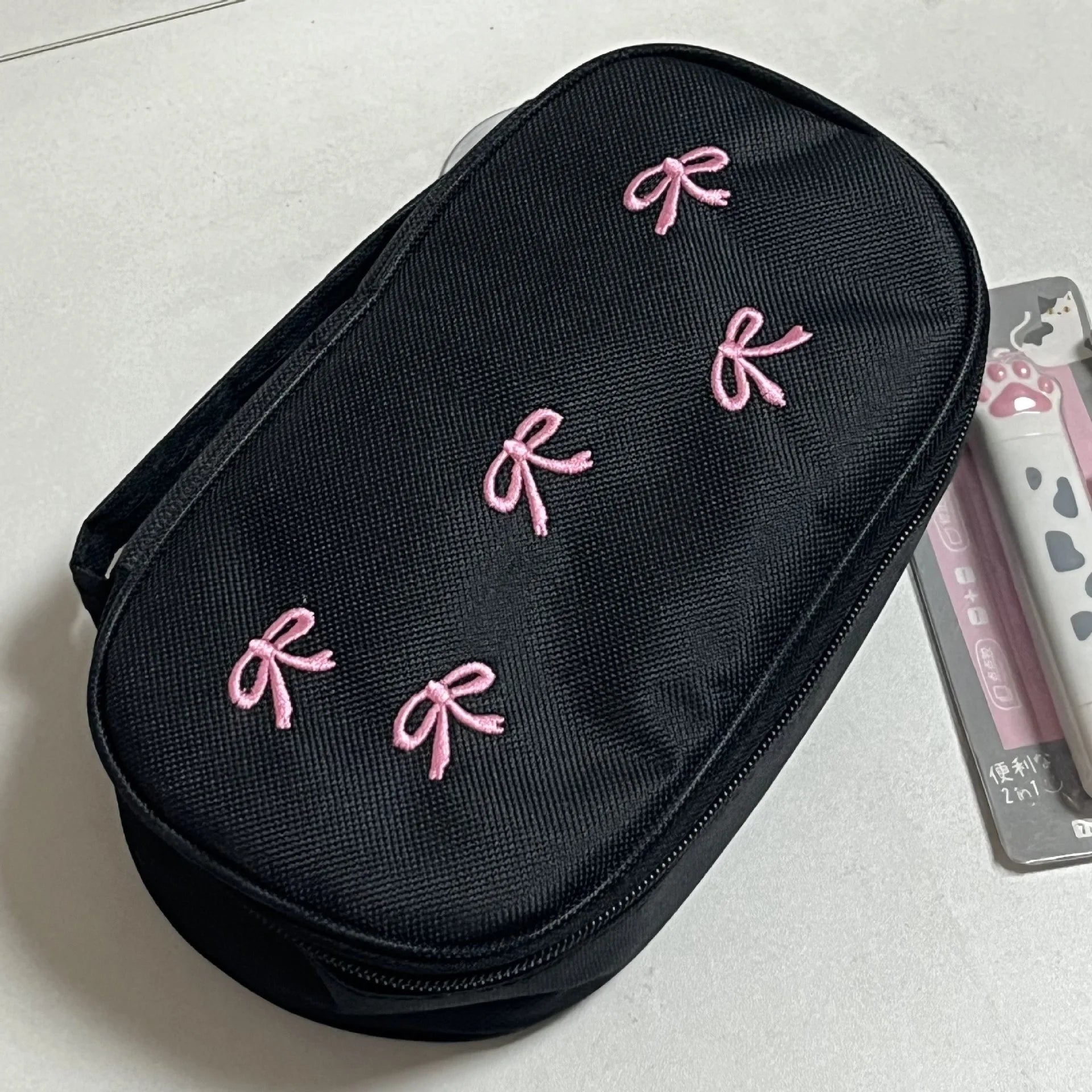 Cyflymder  1 Pc Sweet Black Pink Color Pencil Case for Kids Girl Korean Fashion Embroidery Bow Stationery Organizer Large Capacity Pen Bag