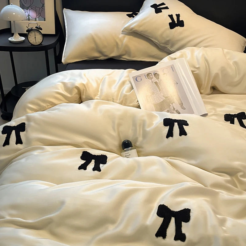 Cyflymder  Nordic Style Rayon Silk Bow Embroidery Bedding Sets Ice Silk Duvet Covers Bed Sheet Pillowcases Queen/king Bedclothes for Summer