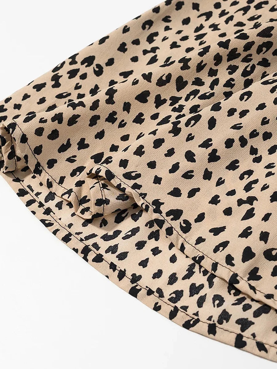 Cyflymder  French Sexy Leopard Printed Dress for Women V Neck Half Sleeve Spliced Lace Up Slim Temperament Dresses Female New