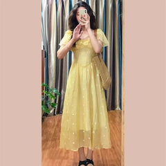 Cyflymder  Vintage Printed Women's Long Dresses 2025 New Spring Summer Yellow Short Sleeve Square Collar Straight Dress for Womens