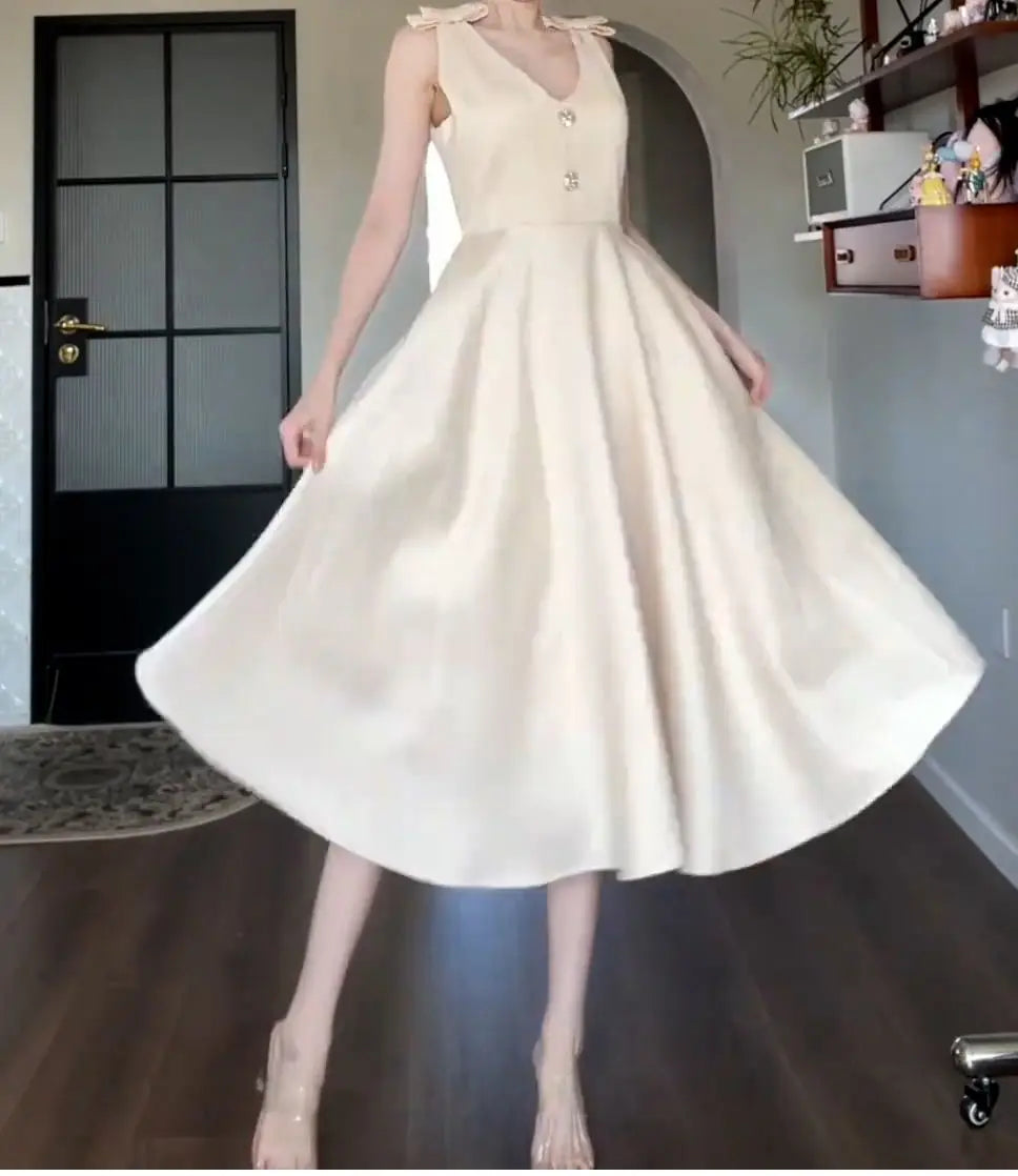 Cyflymder  Summer Champagne Bow A Line Dress Women Elegant Slim Waist Party Dress