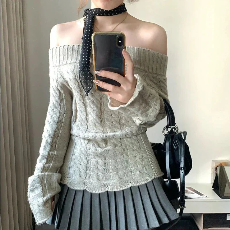 Cyflymder Korean Style Sexy Off Shoulder Sweater Women Sweet Elegant Long Sleeve Knitted Pullover Cute Fashion Slim Up Sweaters