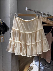 Cyflymder  Jacquard Mesh Polka Dot Knee Length Skirts Woman Elastic Waist Ruffles A-line Short Faldas Sweet Preppy Style Beige Skirt Y2K