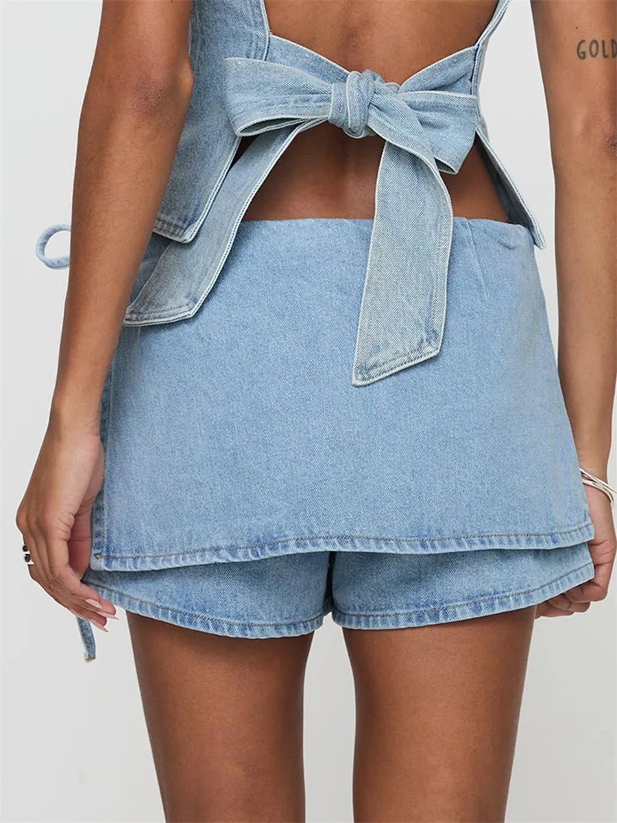 Cyflymder  Women s High Waisted Denim Skirt with Tie Waist Detail for Summer Beach Party Casual Streetwear Fashion Outfit