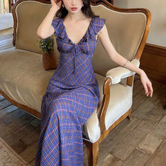 Cyflymder   Stylish French Style Long Dress Female Clothing Vintage Purple Plaid Summer New V-Neck Drawstring Elegant Flying Sleeve Dresses