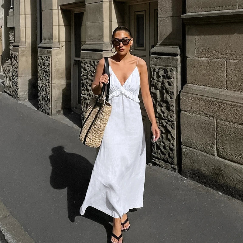 Cyflymder  Sexy Deep V-Neck White Suspender Dress Women Fashion Ruffle Folds Long Robe Spring Summer New Beach Holiday Casual Loose Dress