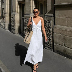 Cyflymder  Sexy Deep V-Neck White Suspender Dress Women Fashion Ruffle Folds Long Robe Spring Summer New Beach Holiday Casual Loose Dress