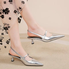 Cyflymder Shoes for Women New Pointed Toe Women's Slingback Sandals Simple and Elegant Dress Shoes High Quality Silver Heels Women