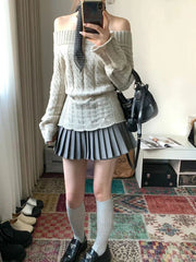 Cyflymder Korean Style Sexy Off Shoulder Sweater Women Sweet Elegant Long Sleeve Knitted Pullover Cute Fashion Slim Up Sweaters