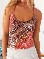 Cyflymder  Glittering Sequin Halter Neck Crop Top with Open Back and Sleeveless Design for Women Perfect for Summer Street Style