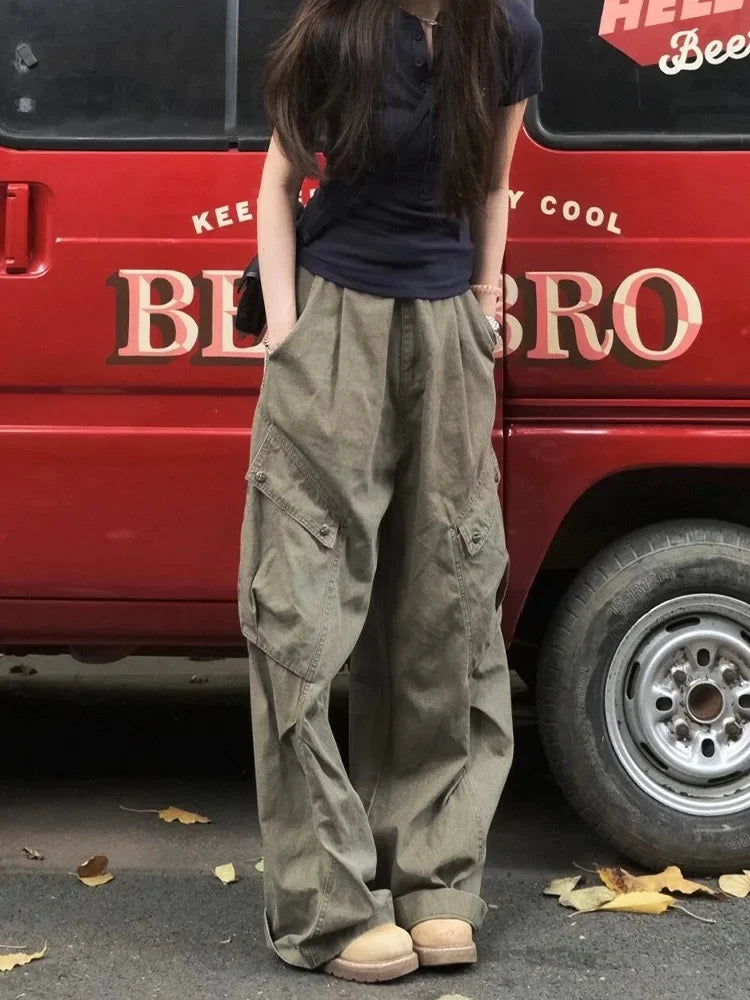 Cyflymder  Summer New Classic Washed Loose Female Jeans American Vintage Chic Pockets Fashion Full Length Simple Casual Women Cargo Pants