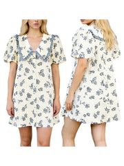 Cyflymder  Women s Vintage Floral Print Ruffle Sleeve Mini Dress with Peter Pan Collar and A-Line Silhouette for Summer Casual Wear