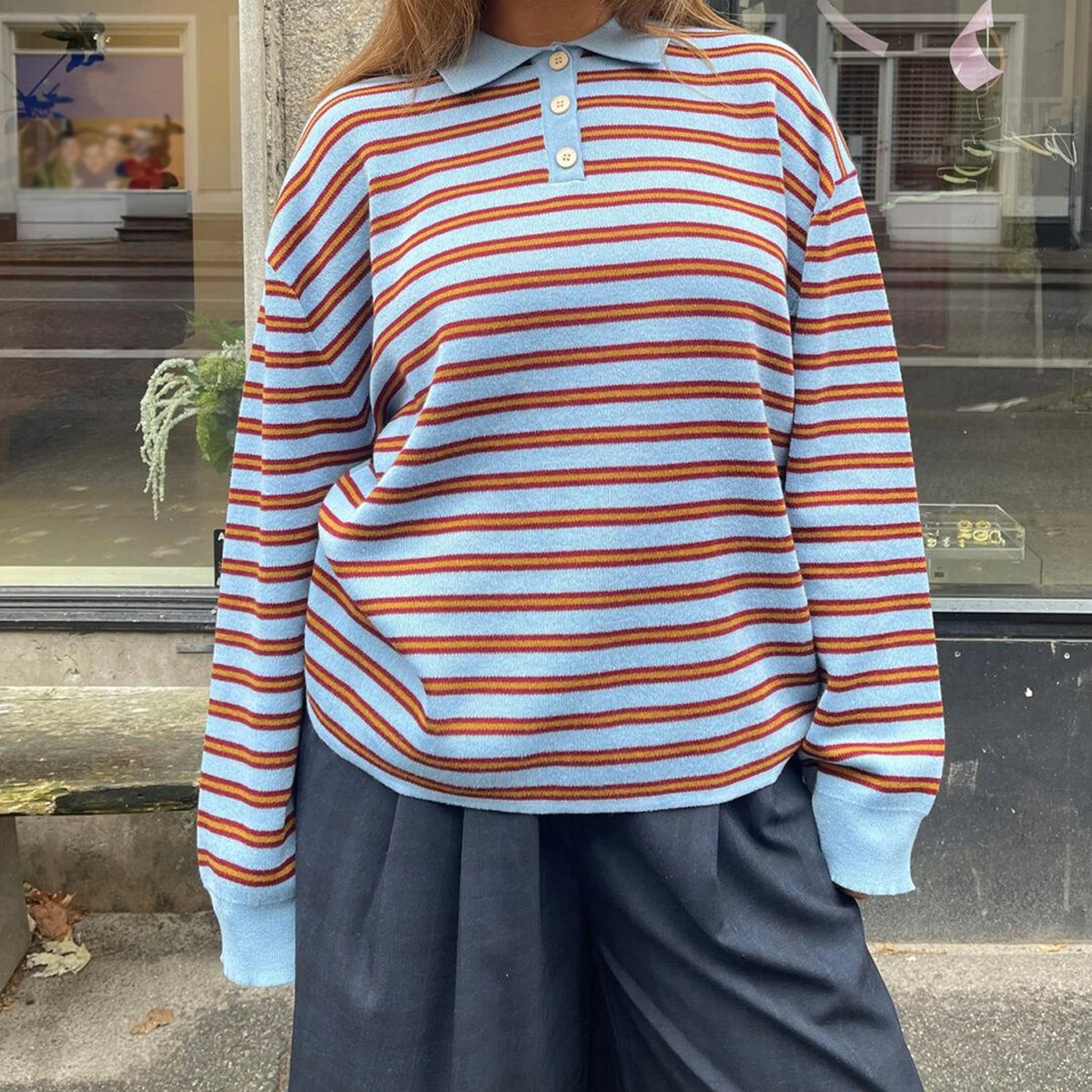 Cyflymder  Women s Striped Collared Sweater with Loose Fit and Long Sleeves - Stylish Pullover Knit Top for Casual Winter and Fall Fashion