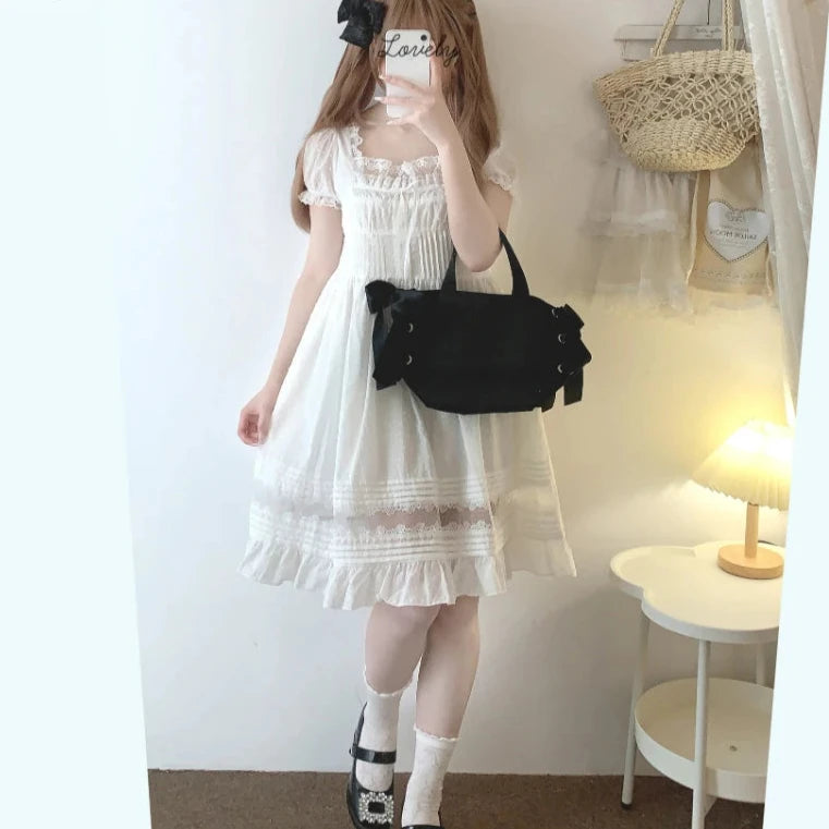 Cyflymder Sweet Elegant Lolita Mini Dress Women Japanese Kawaii Cute Lace Square Neck Fairy Dresses Korean Summer Party Princess Dresses