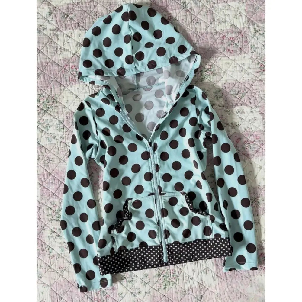Cyflymder  Y2K Light Blue Polka Dot Hooded Zip Up Hoodie Women Slim Hem Retro Thin Jacket Spring Autumn