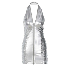 Cyflymder  Women Sliver Sexy Dress Bodycon V-Neck Halter Backless Mini Dress Women Pleated Front Zipper Sleeveless Nightclub Party Dress