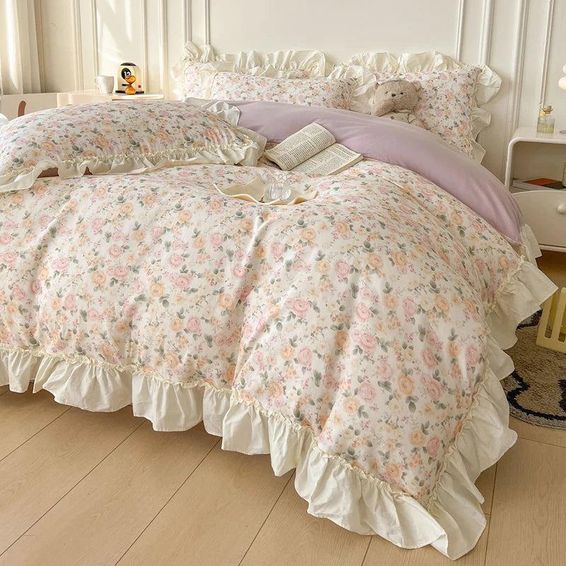 Cyflymder  Floral Print Korean Style Princess Lace Ruffles 100% Cotton Bedding Set Duvet Cover Bed Sheet/Fitted Sheet Pillowcases 3/4Pcs