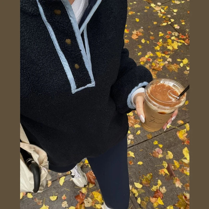 Cyflymder  Lamb Fleece Women's Coat Stand Collar Full Sleeve Pockets Loose Female Pullover 2025 Autumn Commute Sport Fashion Lady Pullovers