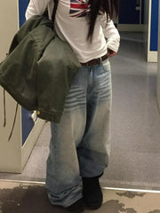 Cyflymder  Spring Women American Vintage Washed Distressed Faded Jeans Streetwear Straight Loose Slim Fit Wide Leg Draping Denim Pants