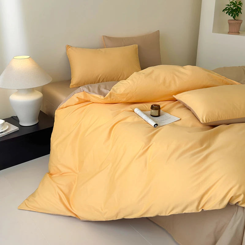Cyflymder  100% Cotton Single Twin Double Solid Color Reversible Bedding Set Soft Comfortable Duvet Cover Bed/Fitted Sheet Pillowcases