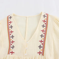 Cyflymder  Loose Summer New Women's Dr Embroidered V-ne Vaion Patchwork High Waist Lantern Sve Long Sve Single Piece