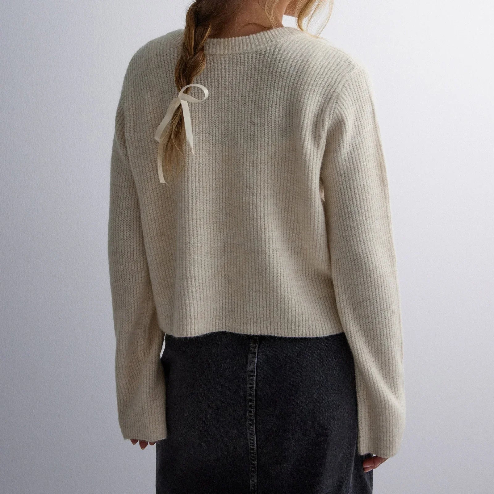Cyflymder  Tie Front Cropped Cardigan Sweaters for Women Crew Neck Long Sleeve Knit Bow Tie Trendy Sweater Tops Winter Fall Streetwear