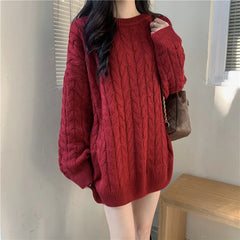 Cyflymder  Korean Thicken Knitted Sweater for Women Long Style Vintage Loose Red Outwear Pullover