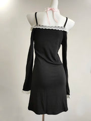 Cyflymder  Cute Dresses Women Summer Autumn Lace Trim Bows Decoration Slim Long Sleeve Black Dress for Sweet Girls Kawaii Clothes