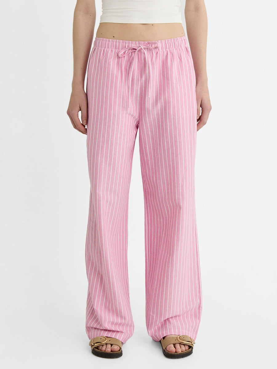 Cyflymder  Summer Women Oversize Casual  Striped Print Long Pants Drawstring Elastic Waist Loose Straight Pants with Pockets Streetwear