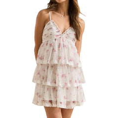 Cyflymder  Women s Floral Mini Dress A Line Stylish Print Mesh Layered Ruffles V Neck Spaghetti Strap Cami Dress for Summer