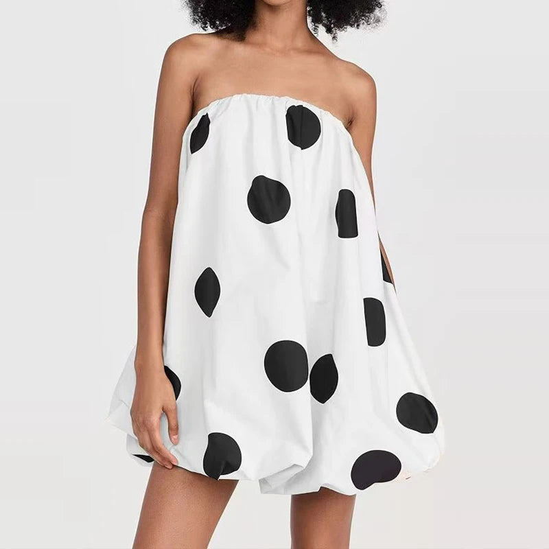 Cyflymder  Women Elegant Hight Waist Loose A-Line Dress Sexy Off Shoulder Strapless Short Dress Retro Polka Dot Print Sleeveless Mini Dress