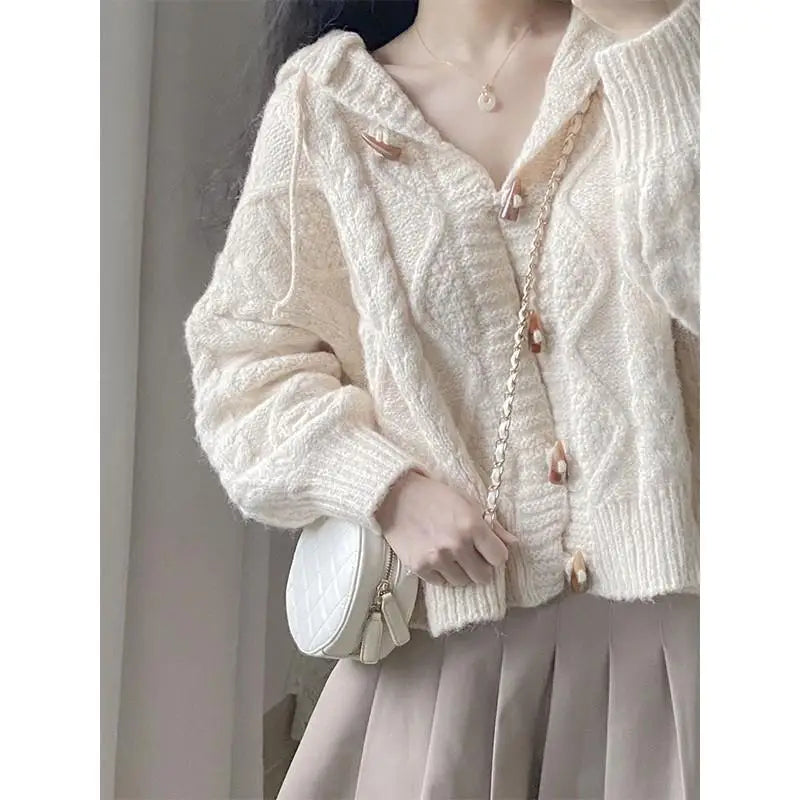 Cyflymder Spring and Autumn Horn-button Hooded Knit Sweater Coat Women Loose Outside Crop Top Gentle Soft Preppy Style White Cardigan