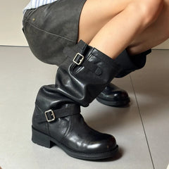 Cyflymder   Knee-high Pleated Leather Boots Women's Fashion Booties Over-the-Knee Rough Heel Long Boots Foldable Calf-length Boots