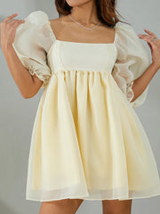 Cyflymder  Women Summer Party Puffy Dress Solid Color Square Neck Bubble Sleeve Short Dress for Ladies Pink/Purple/Yellow