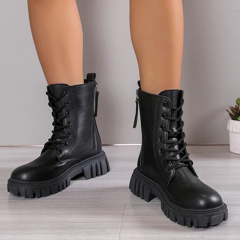 Cyflymder Black New Women Ankle Boots Autumn Winter Platform Lace Up Ladies Punk Boots Thick Sole Zipper Combat Booties Female