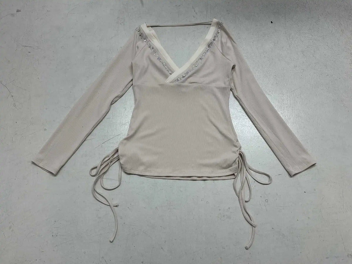 Cyflymder  Autumn vintage gentle style cross deep V-neck rhinestone strip backless sexy drawstring slim fit long sleeved T-shirt