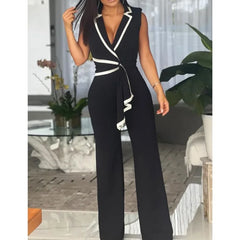 Cyflymder  Summer Commuter Style Women Jumpsuit Striped Splicing Notched Collar Wide Leg Jumpsuits Solid One Piece Suit OL Romper