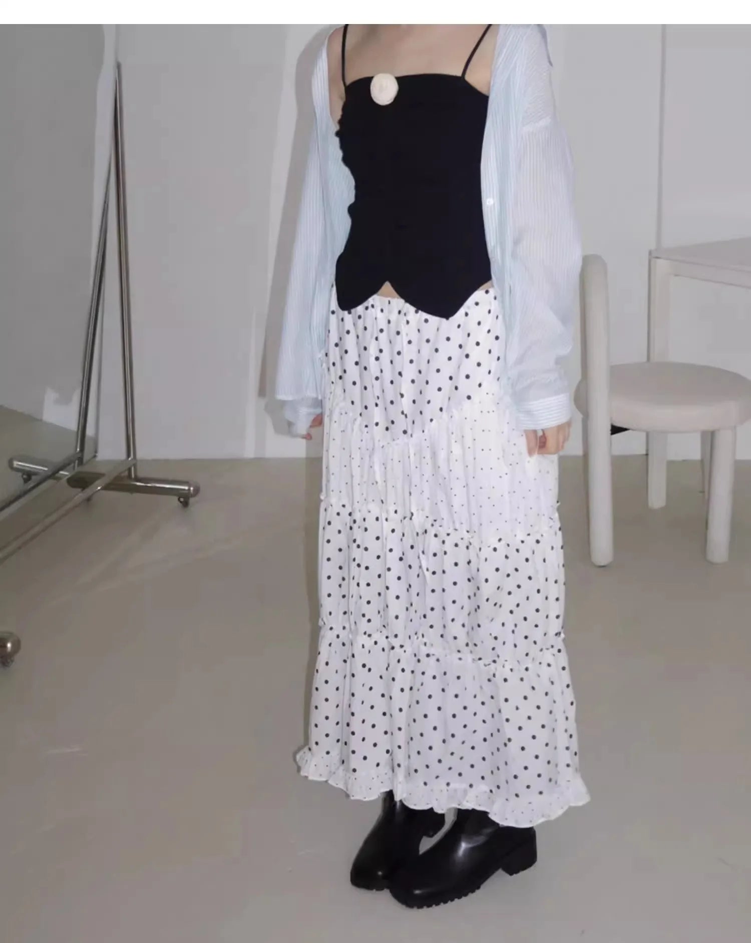 Cyflymder  Oxygen Girl Retro Polka Dot f-length Skirt with Pleated Lace Elastic Waist A-line Mid-length Commute Sle Summer 2025