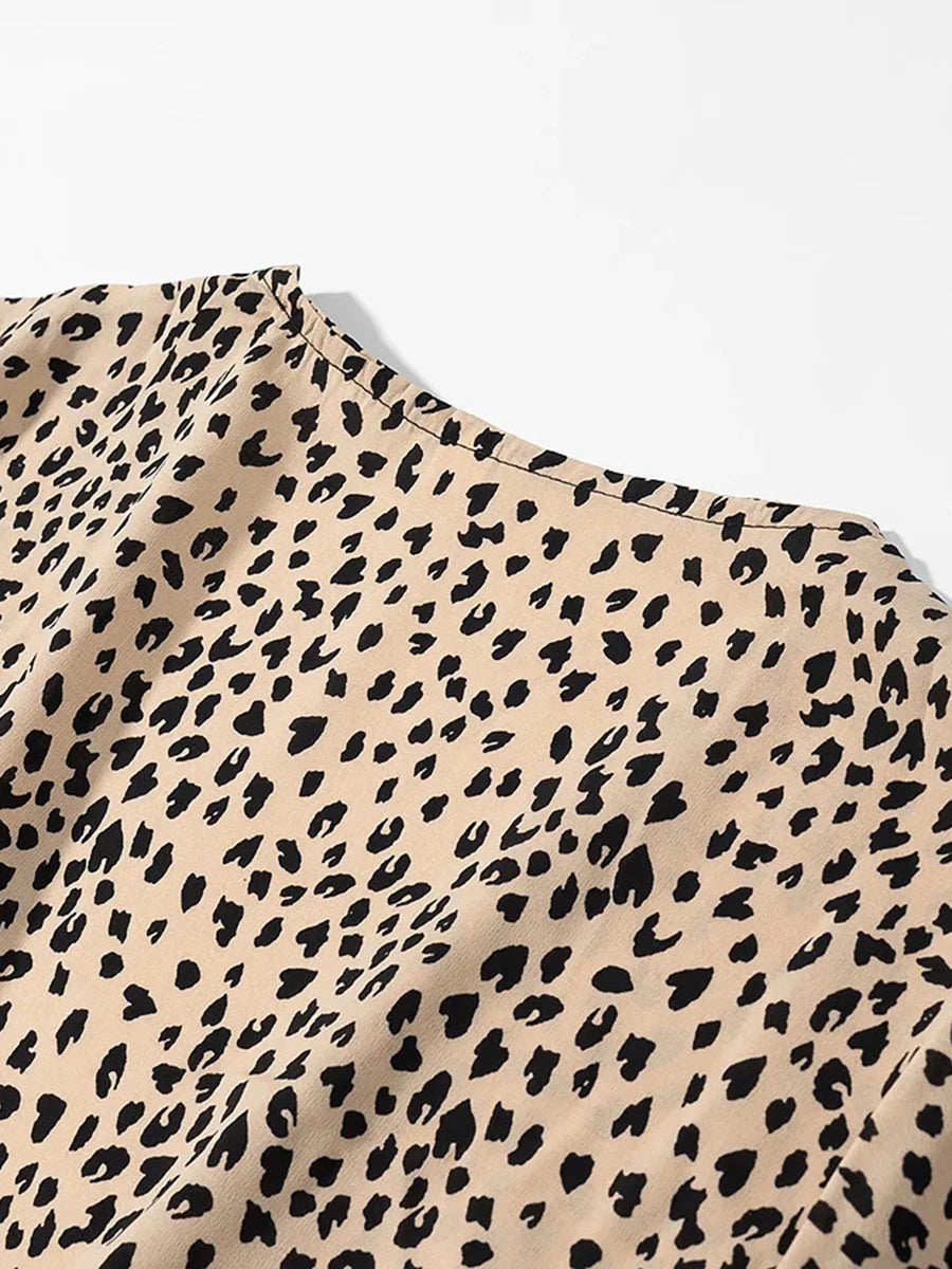 Cyflymder  French Sexy Leopard Printed Dress for Women V Neck Half Sleeve Spliced Lace Up Slim Temperament Dresses Female New