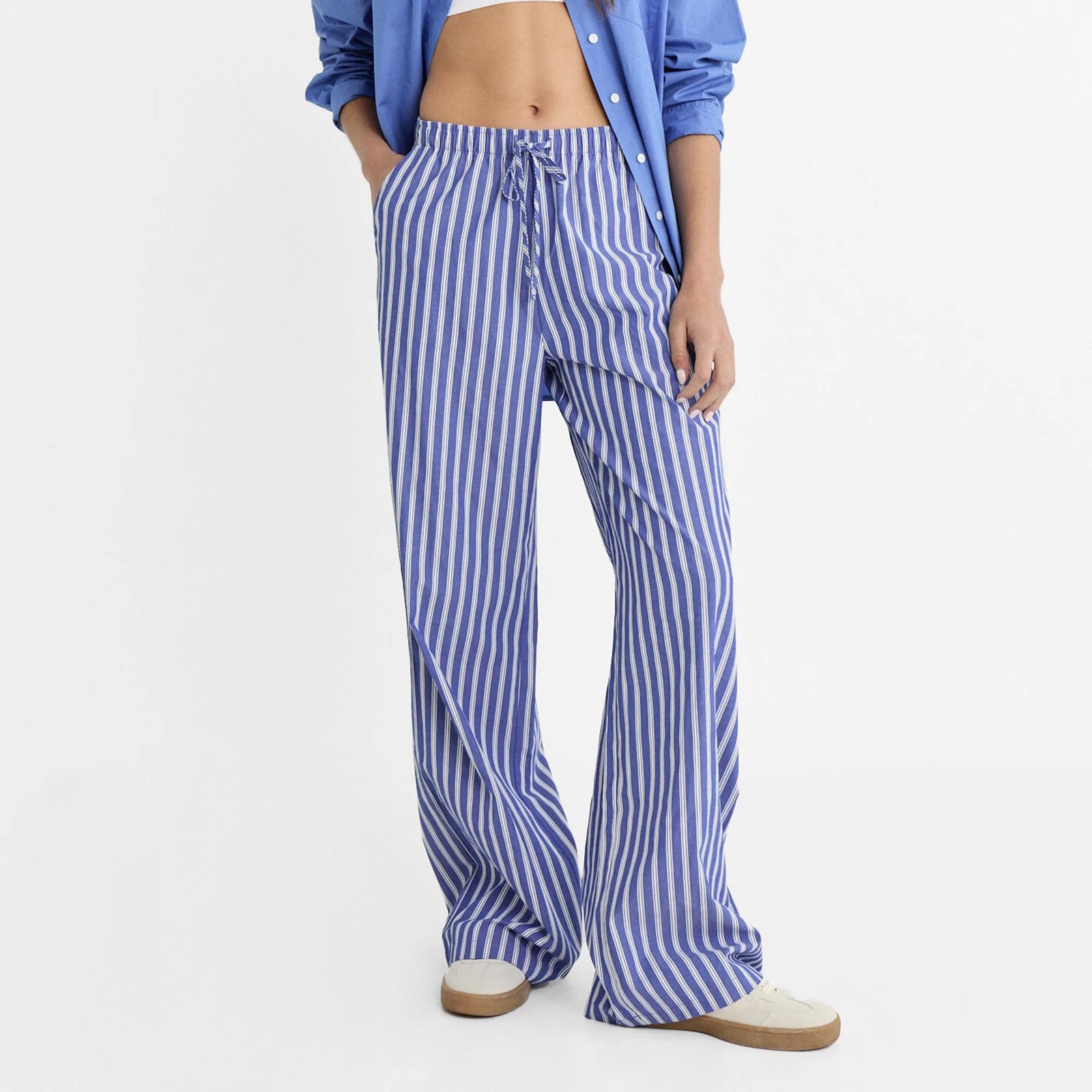 Cyflymder  Women Striped Pajama Pants Elastic Waist Straight Wide Leg Trousers Casual Loose Fit Going Out Bottoms with Pockets