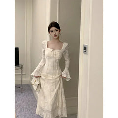 Cyflymder  BowJacquard Square Collar Flare Sleeve Dress Women's Autumn/Winter Waist-Fitted Slimming New Chinese Style Soft Long Dress
